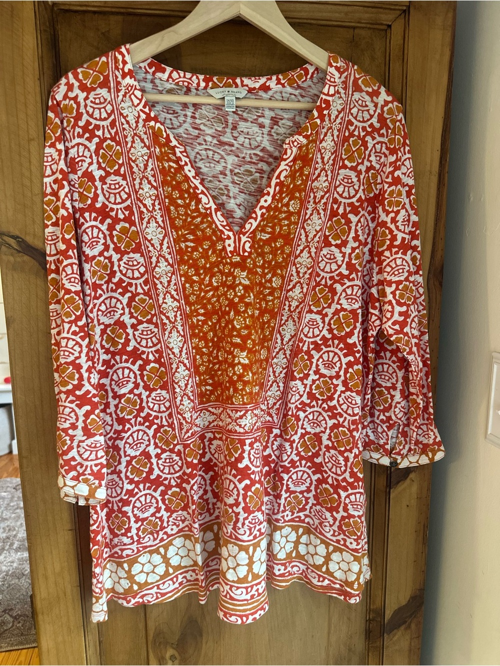 Lucky Brand Red & Orange Printed V-Neck Top 1X